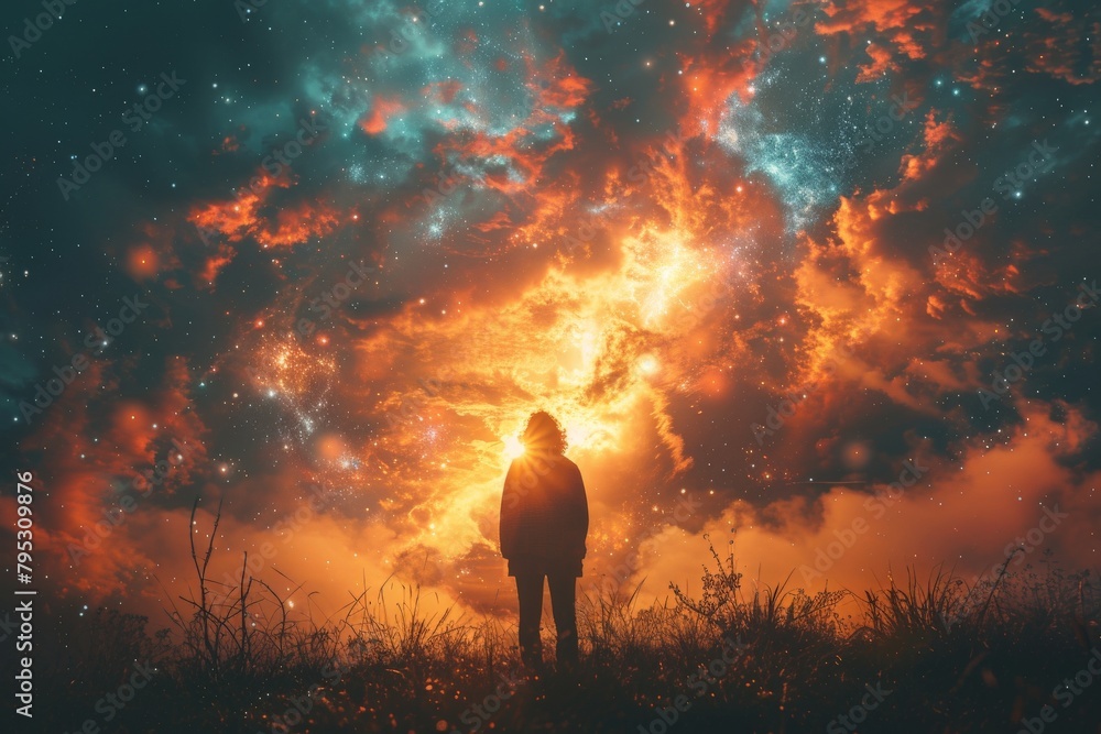 Fototapeta premium A contemplative person stands beneath a starry sky full of vibrant cosmic colors that suggest the vastness and beauty of the universe