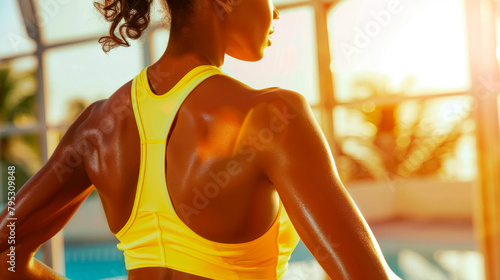 A woman in a yellow sports bra is happily sweating under the sunlight, showcasing her toned shoulders, chest, and thighs while wearing eyewear for vision care in nature. Athletic Back of a woman. photo