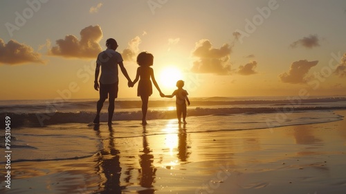 A family of mixed races walking hand in hand, their silhouettes cast on the beach at sunrise © Sasint