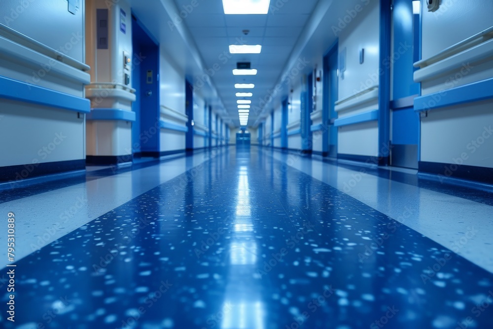 An empty and immaculately clean hospital corridor with a modern blue design, reflecting a hygienic and professional environment An empty and immaculately clean hospital corridor with a modern blue design, reflecting a hygienic and professional environment