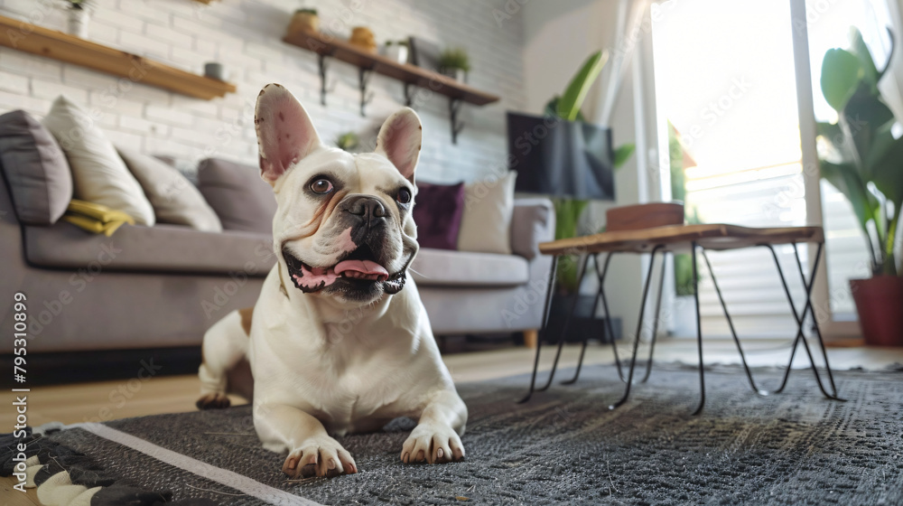 Cute French bulldog on carpet under table in living room