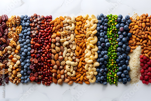 Assorted nuts and berries displayed on a table in a row