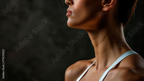 A woman's portrait crop shot. Dark background. Sport life concept.