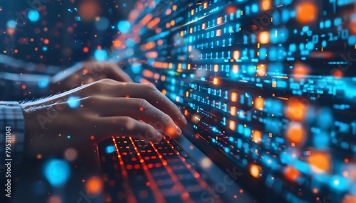 Close-up of a network engineer patching vulnerabilities, typing commands on screen, illustrating software maintenance and threat response