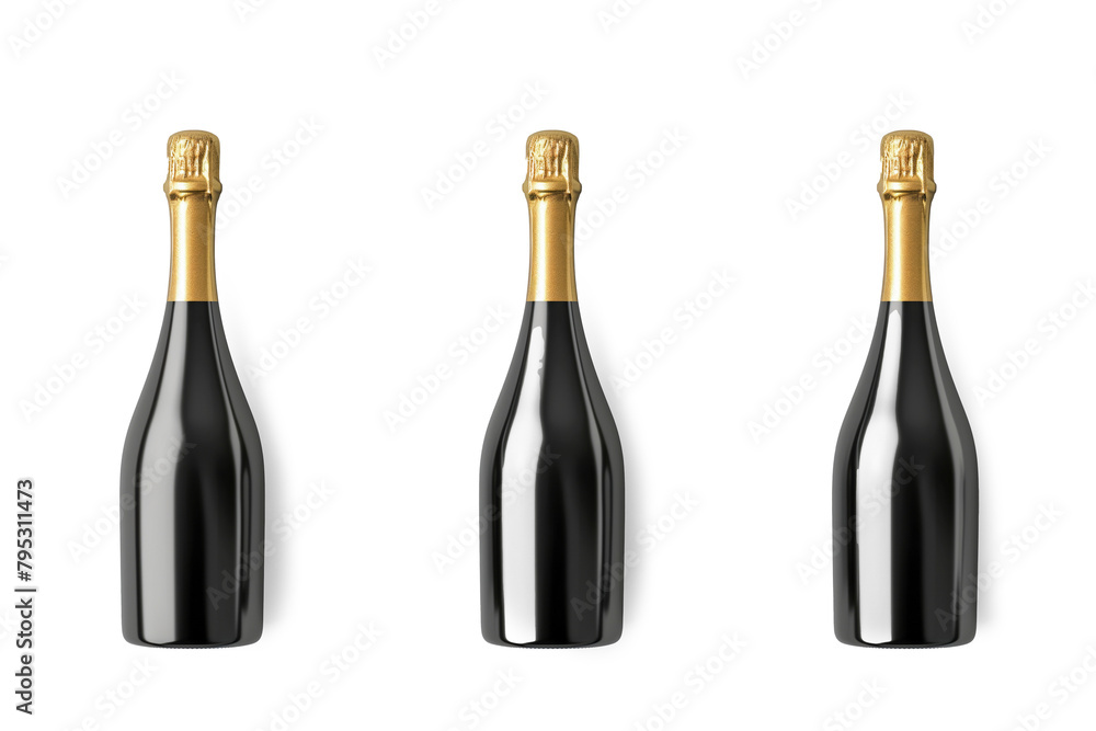 Three champagne bottles in different colors isolated on a transparent background Three champagne bottles in different colors isolated on a transparent background