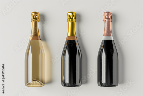 Three champagne bottles in different colors isolated on a white background