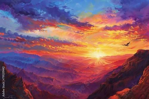 A vibrant sunset viewed from the top of a high mountain