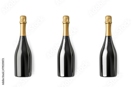 Three champagne bottles in different colors isolated on a transparent background