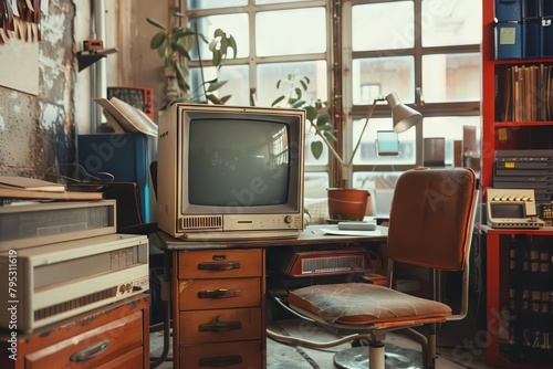 vintage office interior with old computer and obsolete technology retro workplace concept