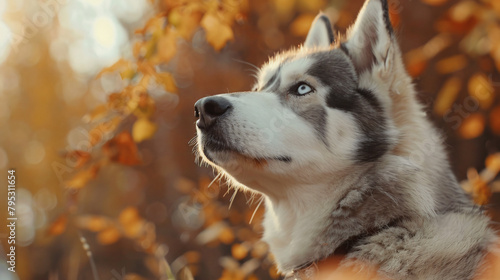 Cute Husky dog in autumn park closeup