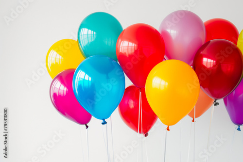 Colorful balloons in red  blue  yellow  and pink against a white background