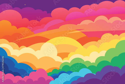 Colorful watercolor background of abstract sunset sky with puffy clouds in bright rainbow colors of pink green blue yellow and purple vector