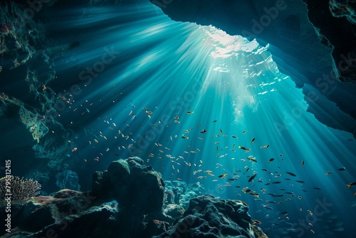 An underwater cave viewed from beneath the surface photo