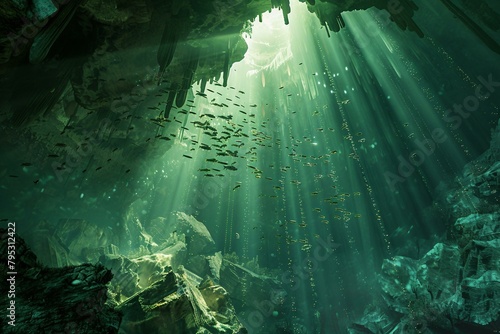 An underwater cave viewed from beneath the surface photo