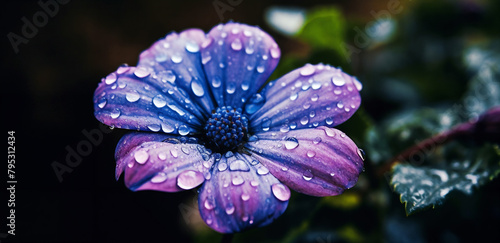 a purple flower with water droplets on it's petals and leaves in the background, with a dark background