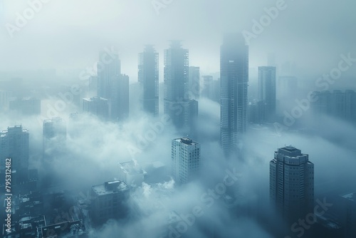 High air pollution, low visibility, modern high-rise buildings in urban offices, high resolution photography, depth of field, wide angle, low camera position, extra wide view, centered composition,