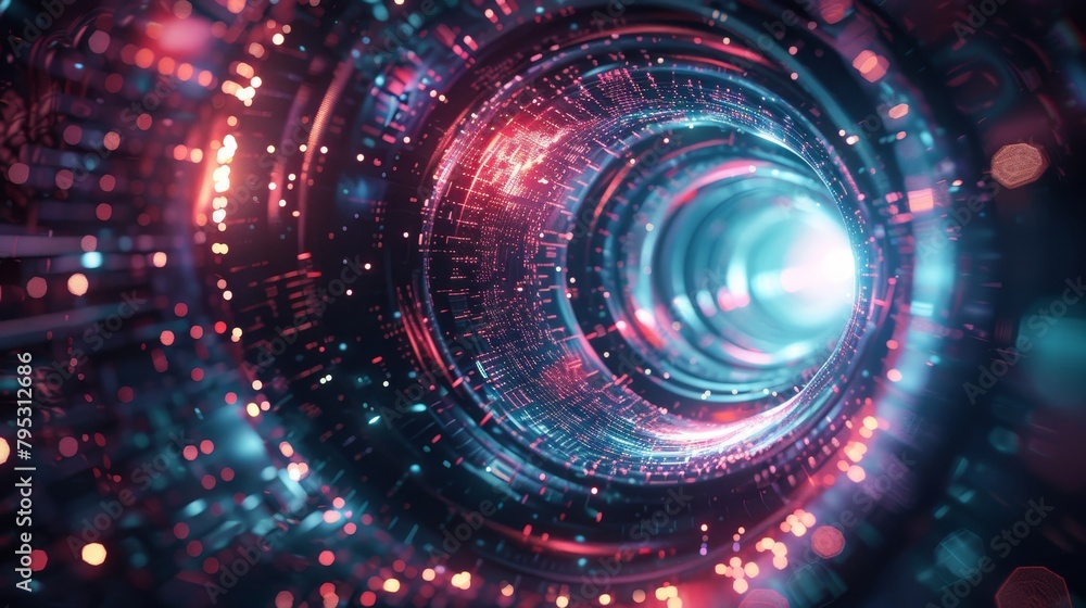A glowing blue and red tunnel of light. A glowing blue and red tunnel of light.