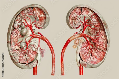detailed illustration of human kidneys and vascular system medical anatomy art