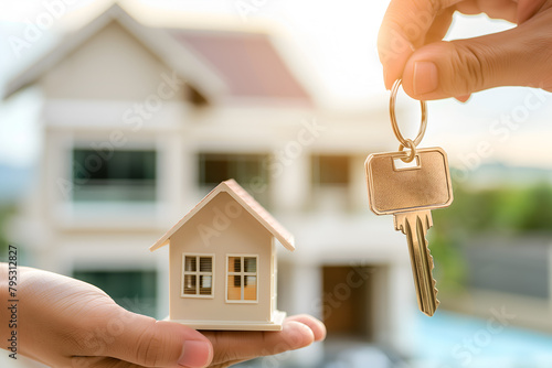 A realtor hands over the key to a new house to a buyer against the backdrop of a beautiful blurred house. Mortgage concept. Real estate, relocation or rental property