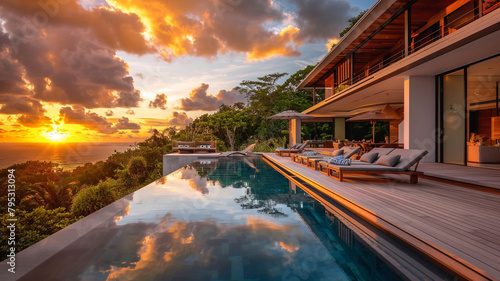 Sunset captured at a luxury beach house with a spacious deck and infinity pool, designed for ultimate seaside entertainment. © Kinza