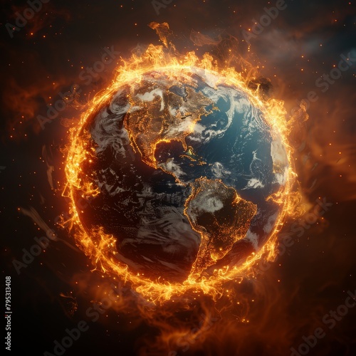 Visual concept of climate emergency with Earth in space, surrounded by vivid flames and embers.