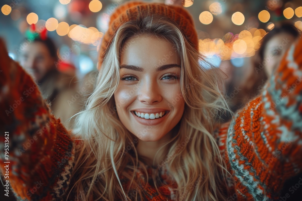 Happy woman with blonde hair wearing a winter hat takes a cheerful selfie at a festive event Happy woman with blonde hair wearing a winter hat takes a cheerful selfie at a festive event