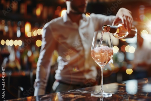 Waiter pouring rosé wine into a glass against a bar with bokeh. 