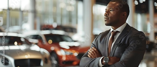 Capture the essence of luxury auto sales, An elegant agent discusses top-tier vehicles in a sophisticated dealership photo