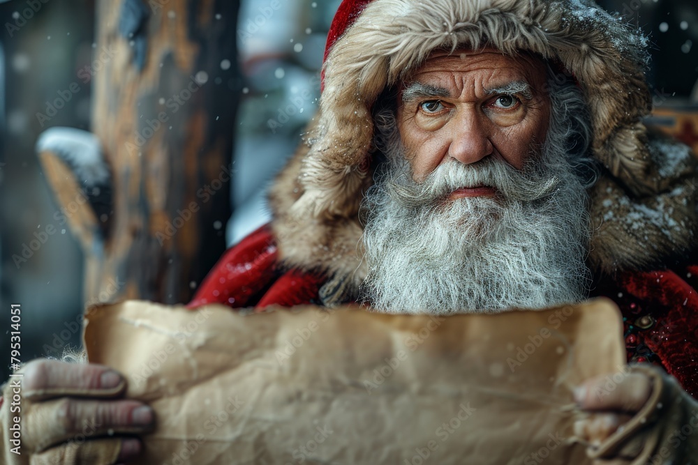 A highly detailed image portraying a man with a striking gaze, dressed in a Santa Claus costume, suggesting a narrative