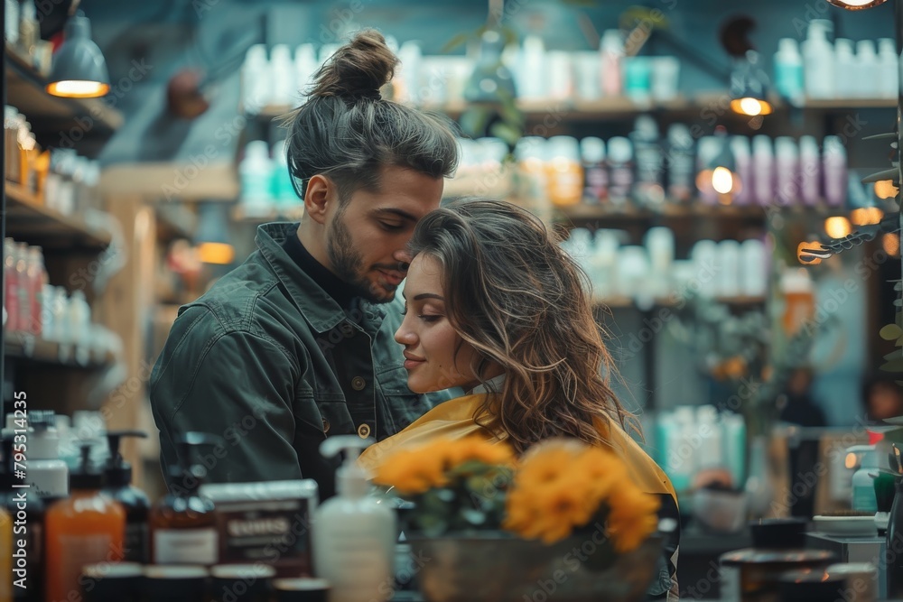 An intimate image of a couple caught in a tender moment surrounded by vivid flowers in a charming market setting