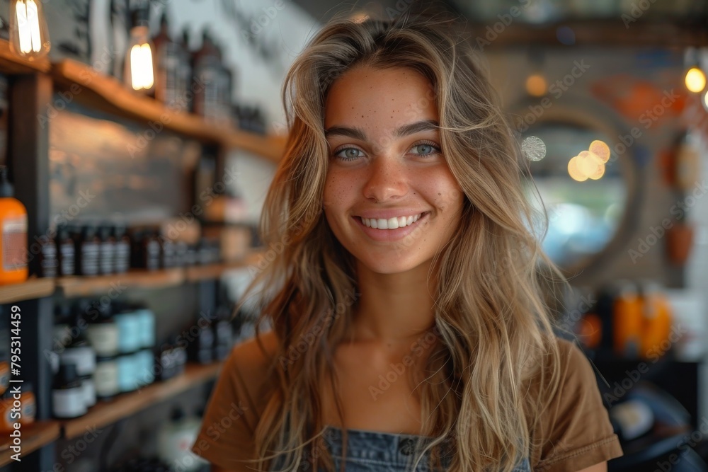 A young woman with a friendly smile poses in a warmly lit cozy barbershop setting