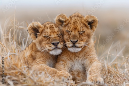 A tender moment with two lion cubs snuggling up in a display of sibling love and warmth amidst soft grass