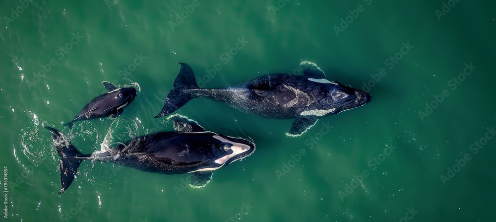 Naklejka premium Majestic whale and calf gracefully swimming together in the vast expanse of the ocean