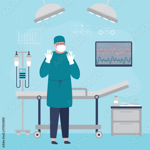 Surgeon in operating room.  Medical staff in hospital. Doctor wearing professional uniform. Cartoon male character. Clinic equipment, surgery preparation.