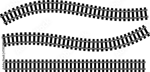 Vector illustration of curved railroad isolated on a white background. Straight and curved railway train track icon set. Perspective view railroad train paths.