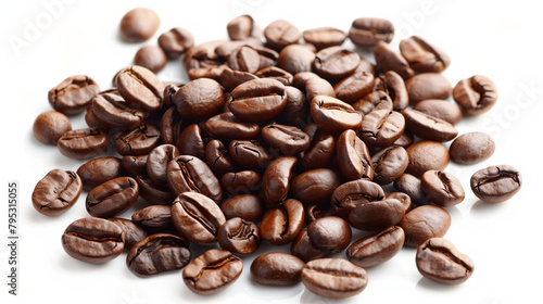 close-up photograph capturing the rich texture and aroma of coffee beans scattered gracefully on a white background, evoking the essence of a freshly brewed cup,