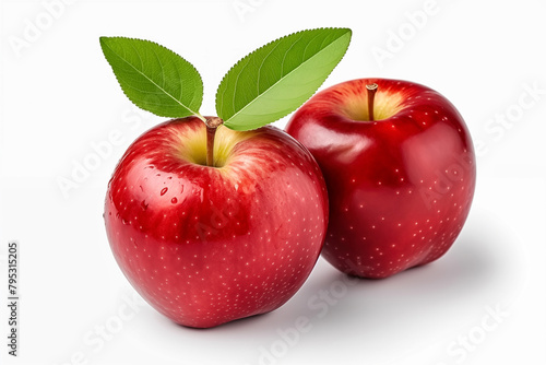 Red apples with leaves isolated on white background.