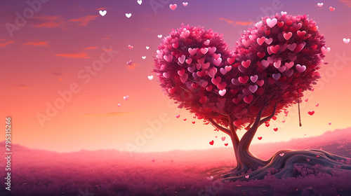 Heart Tree Love For Nature Red Landscape At Sunset,generative AI