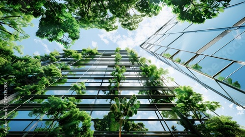 modern office building with green trees. eco green environment sustainable corporate clean energy concept