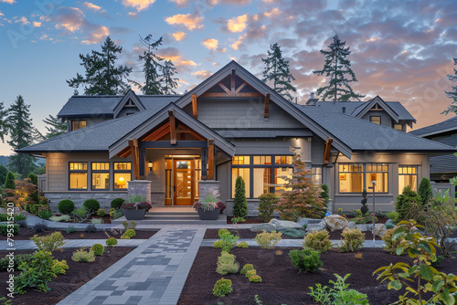 The front view of a cool slate gray craftsman cottage style house, with a triple pitched roof, curated landscaping, a welcoming walkway, and premium curb appeal, epitomizing contemporary elegance. photo