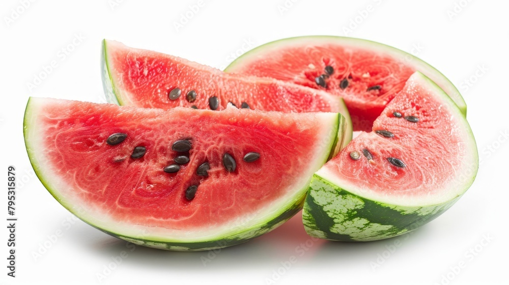 Three watermelon slices on a white surface Three watermelon slices on a white surface