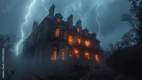 A dark, stormy night. A large, creepy house sits on a hill. The house is lit by flickering candlelight. Lightning strikes in the background.