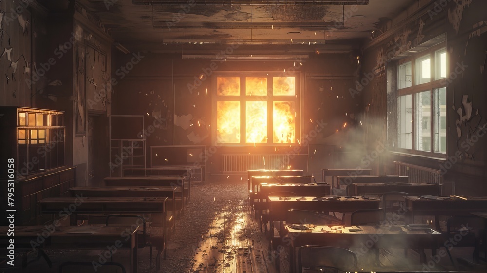 Close perspective of an empty, old-style classroom, subtle flame in the background creates a chilling and haunted atmosphere