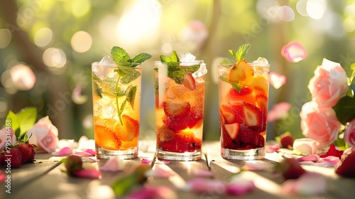 Three cups of brightly colored, slightly tipsy fruit tea, served in exquisite glasses. Each cup of fruit tea is garnished with fresh fruits such as strawberries and mint leaves, creating a fresh photo