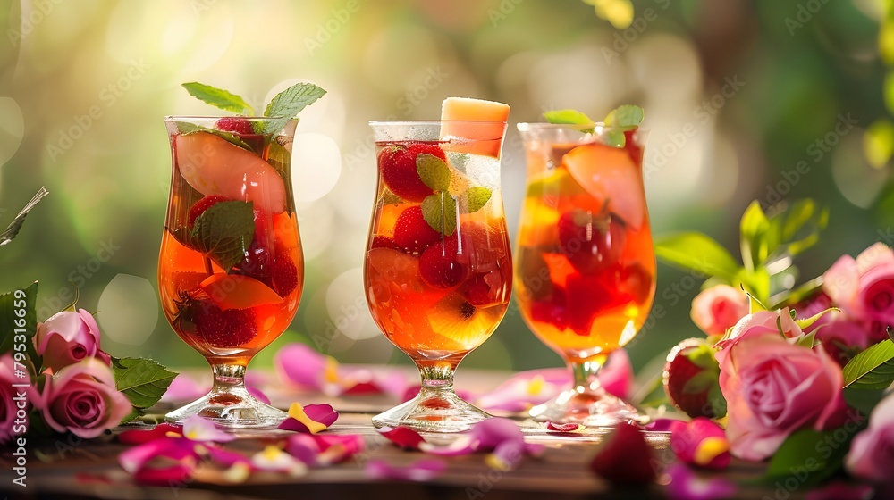 Three cups of brightly colored, slightly tipsy fruit tea, served in exquisite glasses. Each cup of fruit tea is garnished with fresh fruits such as strawberries and mint leaves, creating a fresh - obrazy, fototapety, plakaty 