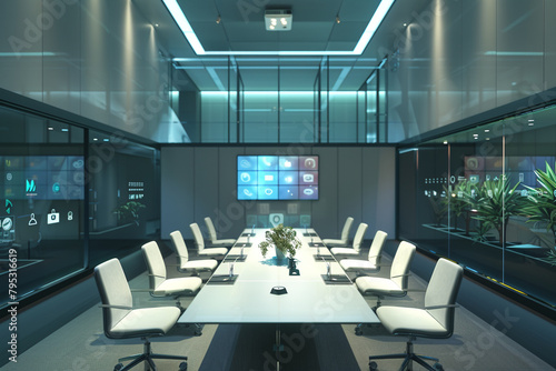 A conference room equipped with AI-generated virtual assistants, capable of scheduling meetings, managing calendars, and taking notes.