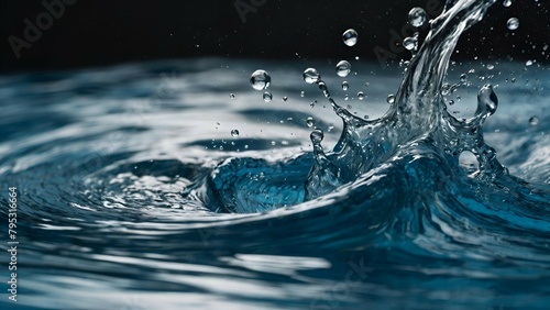 Water splash with ripples and waves on blue background.