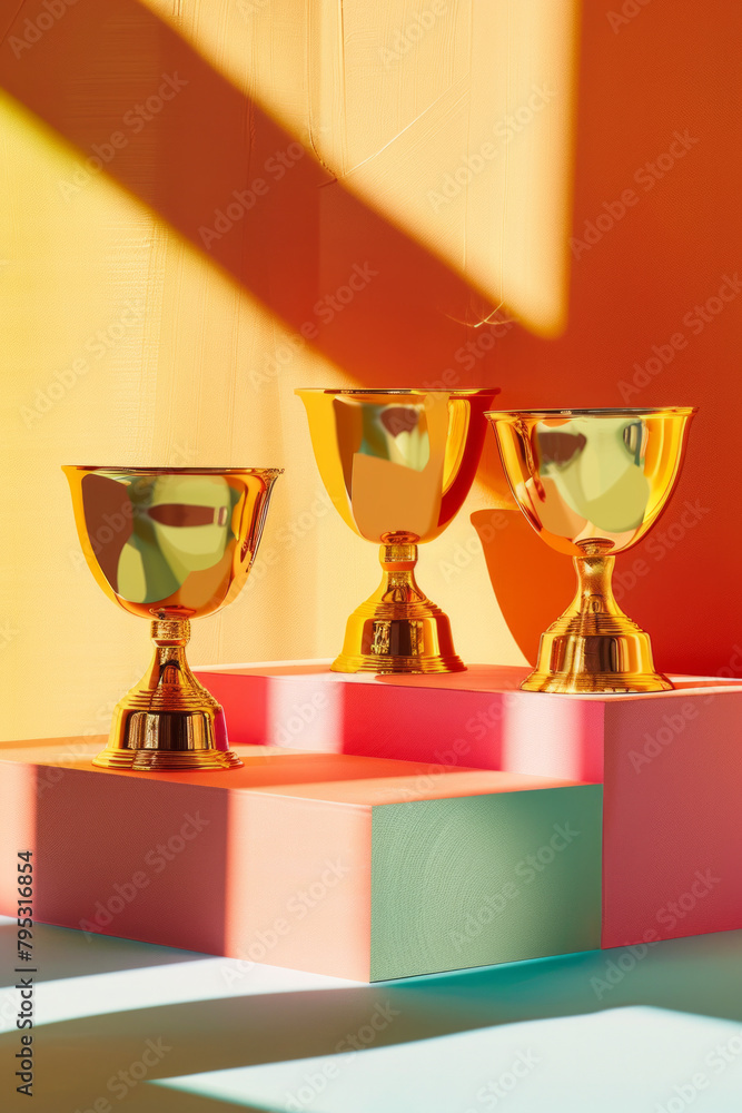 Gold trophies on a color background, to represent success Gold trophies on a color background, to represent success
