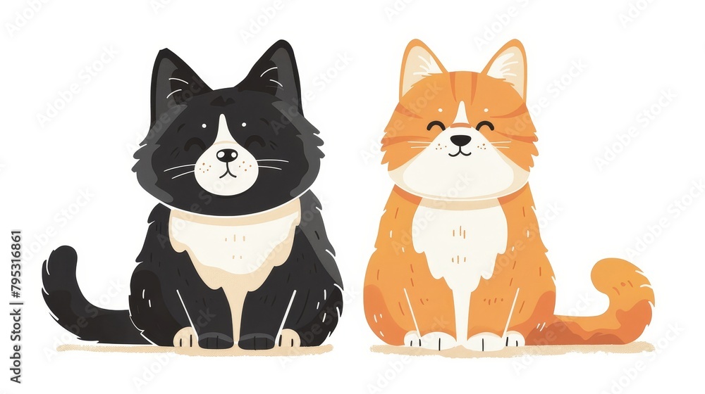 A cartoon cat with black fur and a white belly and paws, sitting next to a cartoon cat with orange fur and a white belly and paws.