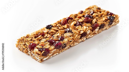 Split granola bar nutty oats, crunchy nuts, and sweet dried fruits revealed in close up view